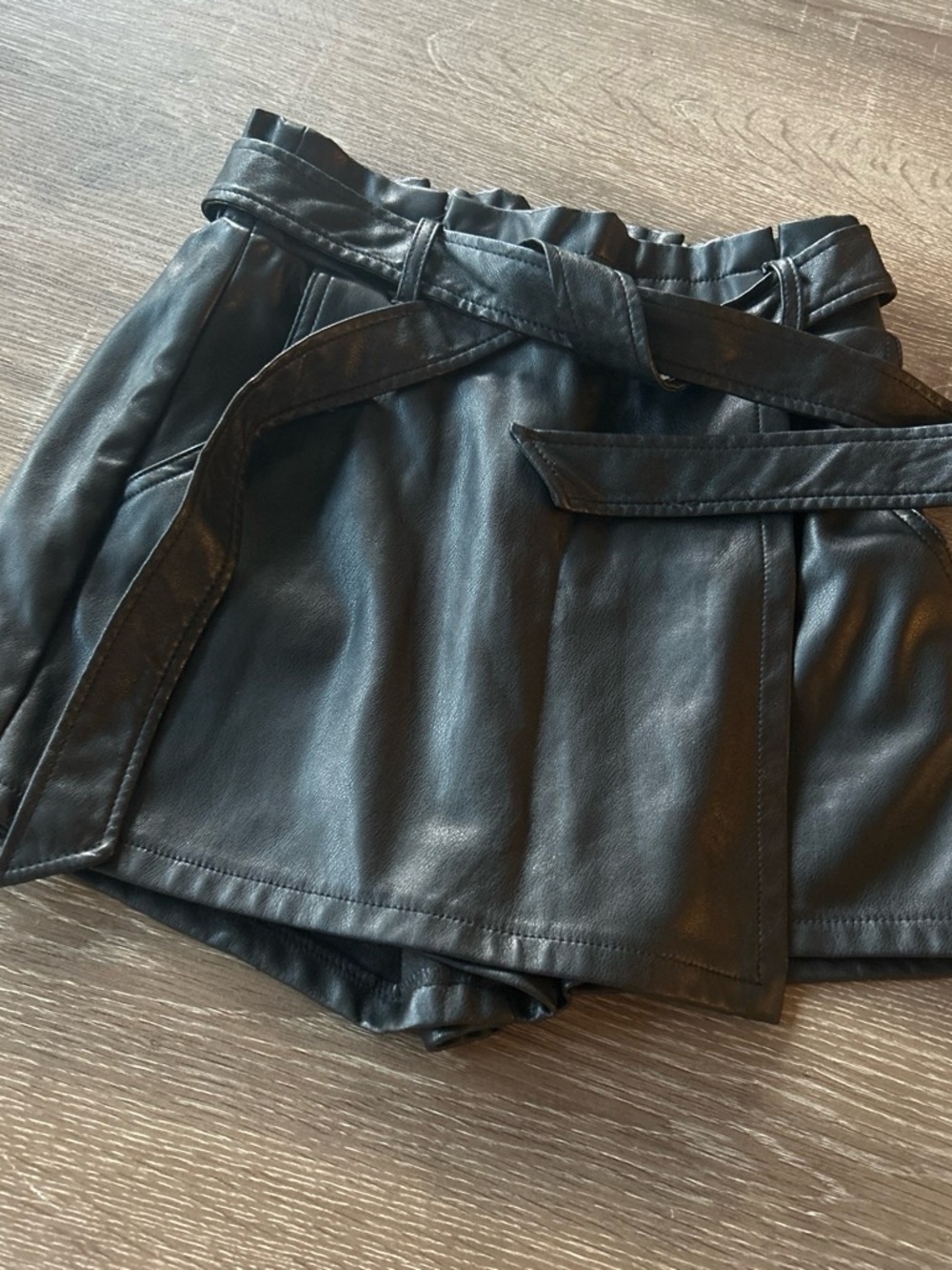 iris Black Faux Leather Paperbag-Waist Shorts with Belt